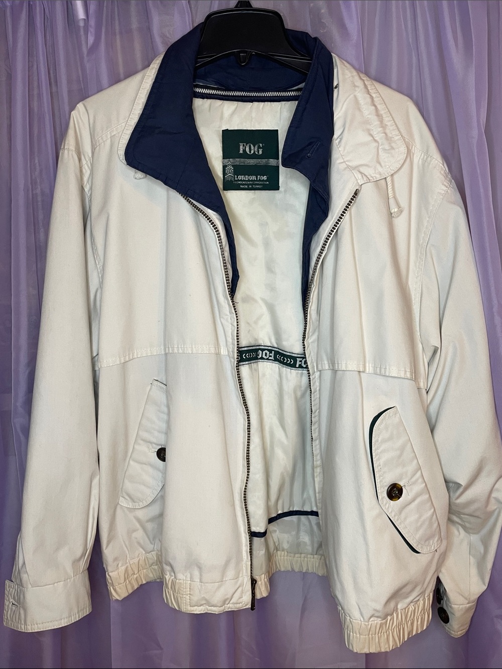 London Fog White Jacket with Navy Trim